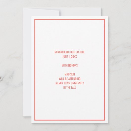 卒業コーラルピンクのスクリプトホワイトオーバーレイ写真 案内状 (裏面)