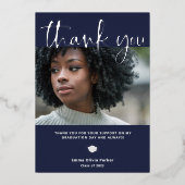 卒業サンキューカード |シルバーフォイル付きブルー 箔招待状 (正面)