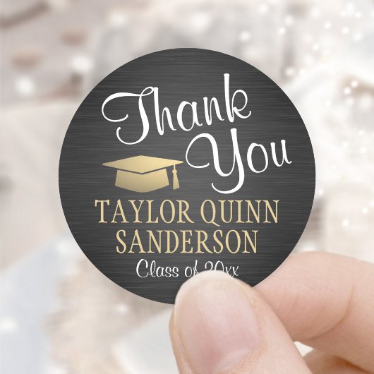 卒業サンキュースクリプトブラッシュブラックと金ゴールド ラウンドシール