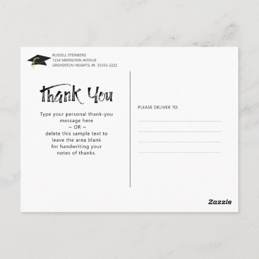 卒業サンキューフェイク金ゴールドブラシストロークキャップ ポストカード (裏面)