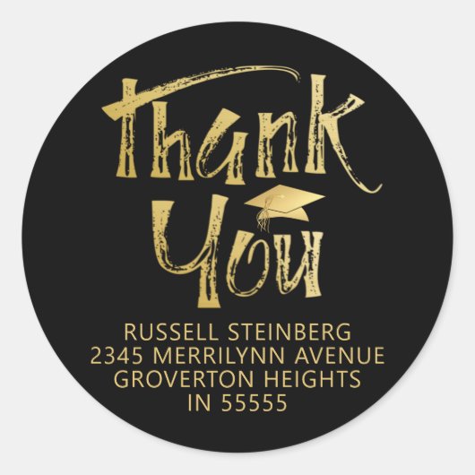 卒業サンキューフェイク金ゴールドブラシストロークキャップ ラウンドシール (正面)