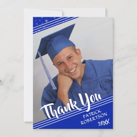 卒業サンキューブルー王室のブラシスクリプト写真 招待状 (正面)