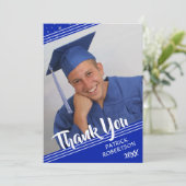 卒業サンキューブルー王室のブラシスクリプト写真 招待状 (スタンド正面)