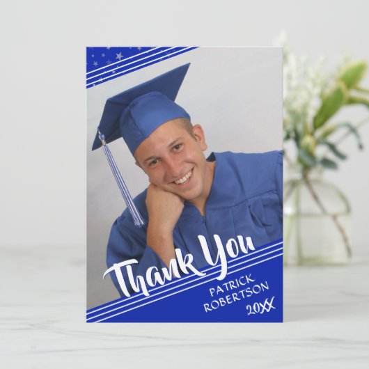 卒業サンキューブルー王室のブラシスクリプト写真 招待状 (スタンド正面)