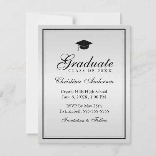 卒業シルバーブラックスクリプトキャップの日付を保存 案内状 (裏面)