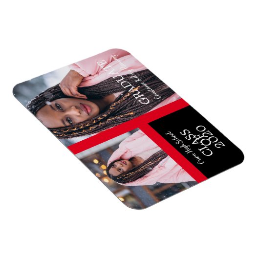 卒業シンプル後の写真2枚を赤で卒業 マグネット (右側)