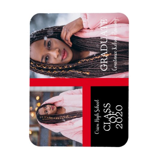 卒業シンプル後の写真2枚を赤で卒業 マグネット (縦)