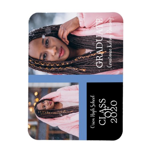 卒業シンプル2枚の写真ブルーで卒業 マグネット (縦)