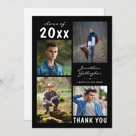 卒業スクリプトはっきりしたフォトコラージュ黒 サンキューカード (正面/裏面)