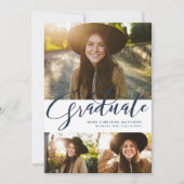 卒業スクリプト3枚の写真 ネイビーブルーの卒業 招待状 (正面)