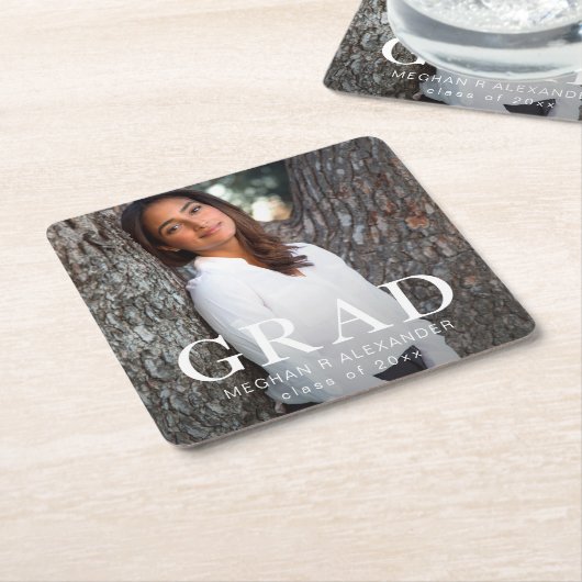 卒業スタイリッシュタイポグラフィ写真 スクエアペーパーコースター (アングル)