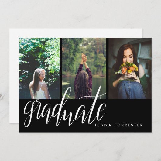 卒業タイポグラフィ3枚写真卒業パーティー 招待状 (正面/裏面)