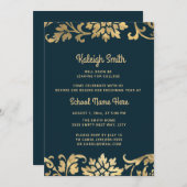 卒業トランクパーティーネイビーブルーヴィンテージ金ゴールド 招待状 (正面/裏面)