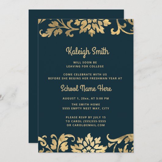 卒業トランクパーティーネイビーブルーヴィンテージ金ゴールド 招待状 (正面/裏面)