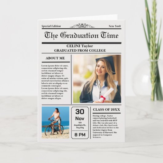 卒業ニュース記念招待状 – 印刷可能 招待状 (正面)