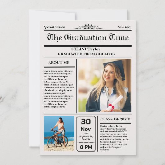 卒業ニュース記念招待状 – 印刷可能 招待状 (正面)