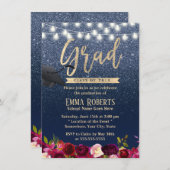 卒業ネイビモダンーブルブルゴーニュ赤フローラ 招待状 (正面/裏面)