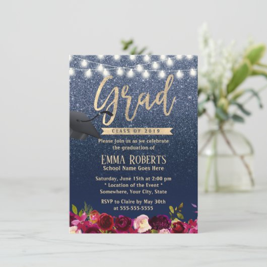 卒業ネイビモダンーブルブルゴーニュ赤フローラ 招待状 (スタンド正面)