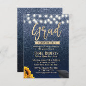 卒業ネイビモダンーブルーグリッターひまわり 招待状 (正面/裏面)