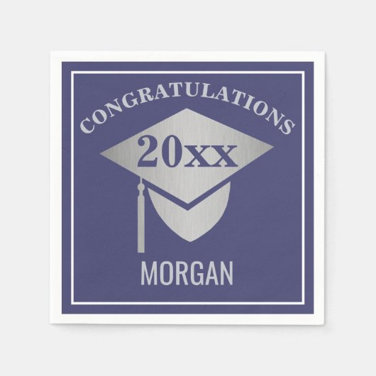 卒業ネイビーブルーシルバーキャップおめでとう スタンダードカクテルナプキン (正面)