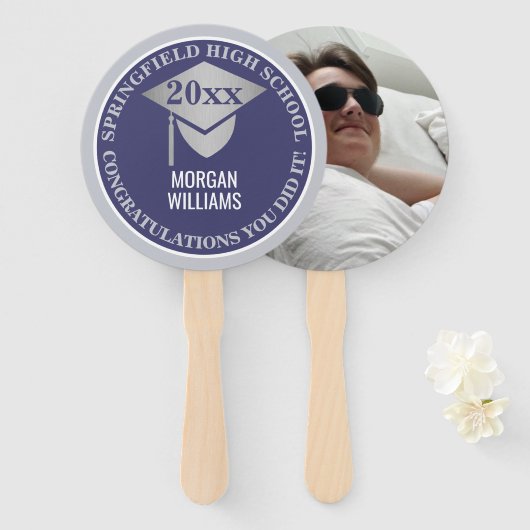 卒業ネイビーブルーシルバーフォトおめでとう ハンドファン (正面&裏面)