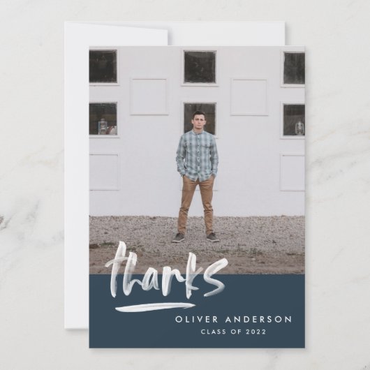 卒業ネイビーブルースクリプト3写真感謝していあなた 招待状 (正面)