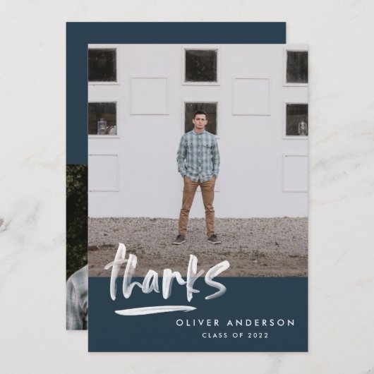 卒業ネイビーブルースクリプト3写真感謝していあなた 招待状 (正面/裏面)