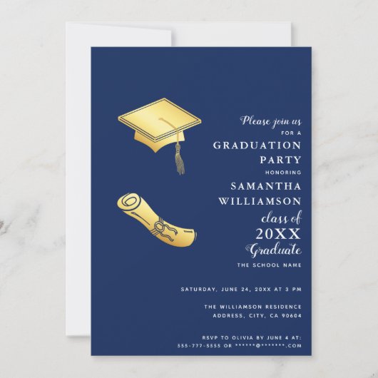 卒業ネイビーブルーホワイト金ゴールドフォトクラス2025 招待状 (正面)