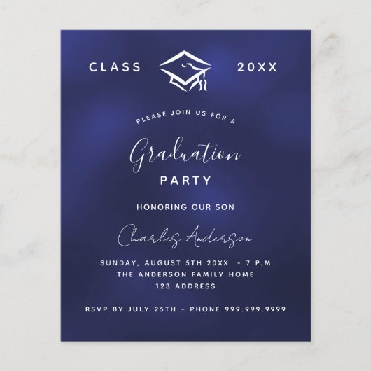 卒業ネイビーブルーホワイト2024予算の招待状 チラシ (正面)