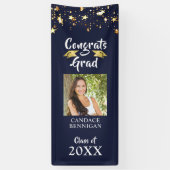 卒業ネイビーブルー金ゴールドスターブラシ写真 横断幕 (縦)