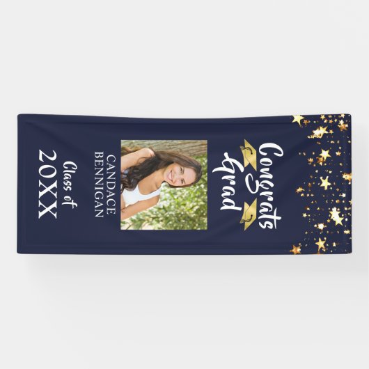 卒業ネイビーブルー金ゴールドスターブラシ写真 横断幕 (横)