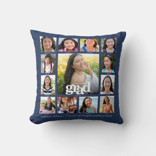 卒業ネイビーK-12写真はっきりしたコラージュ クッション (正面)