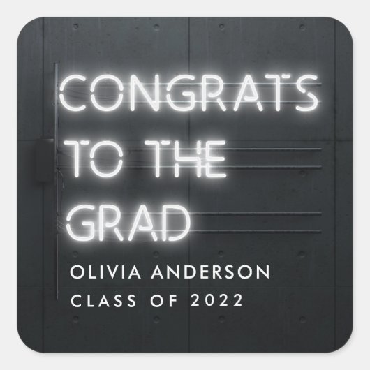 卒業ネオンおもしろいタイポグラフィモダンおめでとう スクエアシール (正面)