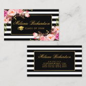 卒業ネットワークピンクのフローラ金ゴールド ストライプの 名刺 (正面/裏面)