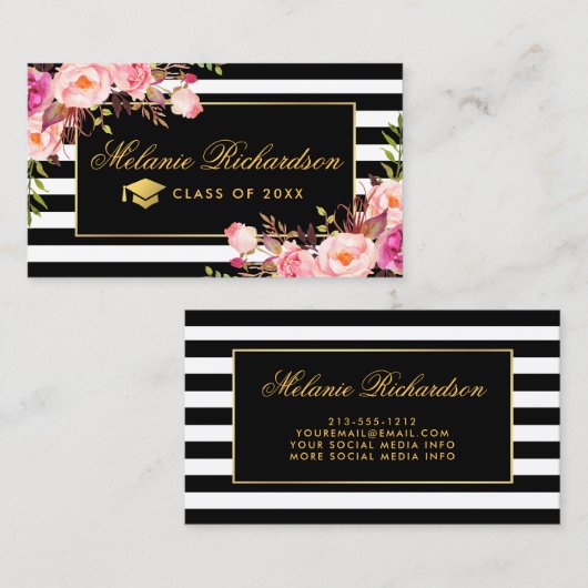 卒業ネットワークピンクのフローラ金ゴールド ストライプの 名刺 (正面/裏面)