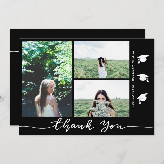 卒業ハットありがとうスクリプトフォト | ブラック 招待状 (正面/裏面)