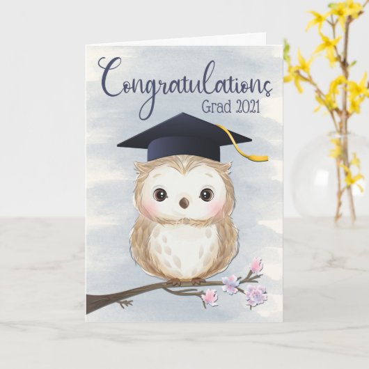 卒業ハットを着けたかわいいフクロウ カード (黄色い花)