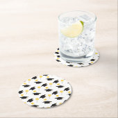 卒業ハットバルーンパターンイエローブラック ラウンドペーパーコースター (インサイチュ)