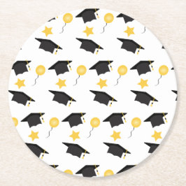 卒業ハットバルーンパターンイエローブラック ラウンドペーパーコースター