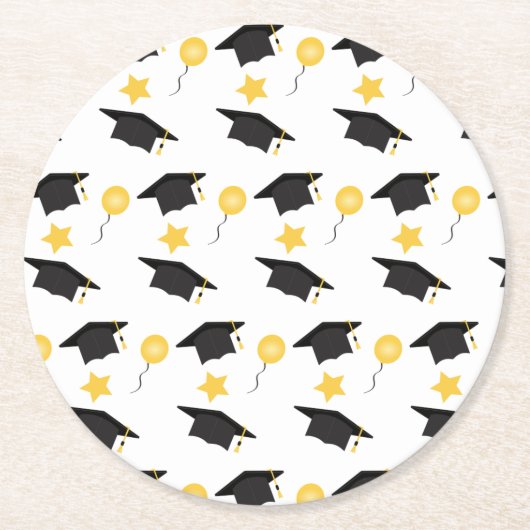 卒業ハットバルーンパターンイエローブラック ラウンドペーパーコースター (正面)