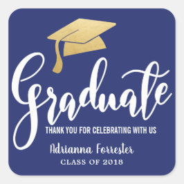 卒業ハットフェイクゴールドフォイルありがとうネイビーブルー スクエアシール