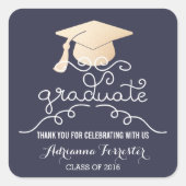 卒業ハットフェイクバラゴールドフォイルサンキューブルー スクエアシール (正面)