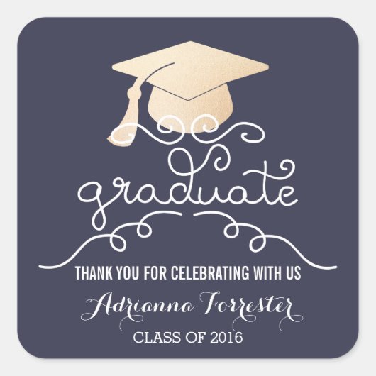 卒業ハットフェイクバラゴールドフォイルサンキューブルー スクエアシール (正面)