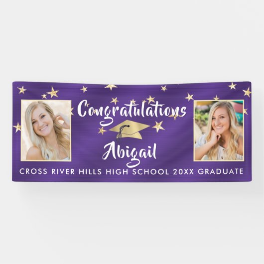 卒業ハンドレターフォトパープル金ゴールド星 横断幕 (横)