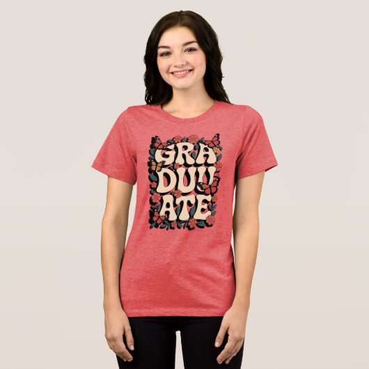 卒業バタフライシャツ – はっきりしたレトロ卒業 トライブレンドＴシャツ (正面全面)