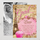 卒業パリ・エッフェル塔・ヴィンテージ・フラワー・ピンク 招待状 (正面/裏面)