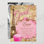 卒業パリ・エiffel塔・ヴィンテージ・フラワー・ピンク 招待状 (正面/裏面)