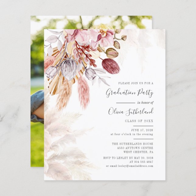 卒業パンパスグラスフォトパーティの招待状 (正面/裏面)