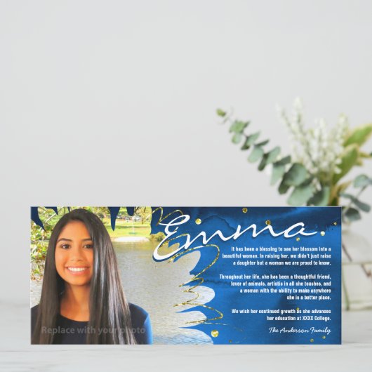 卒業パーソナライズされたカード |青と金ゴールド (スタンド正面)