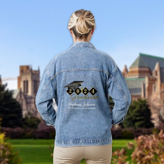 卒業パーソナライズされたキャップブラック金ゴールド デニムジャケット